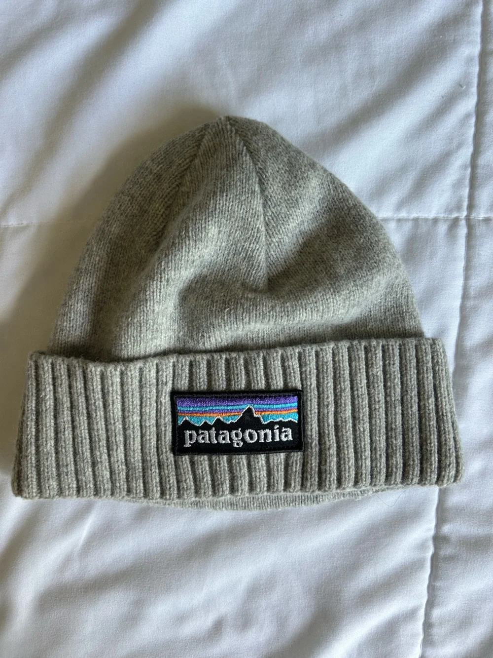 Patagonia Light Gray Ribbed Cuff Beanie with Multicolor Logo